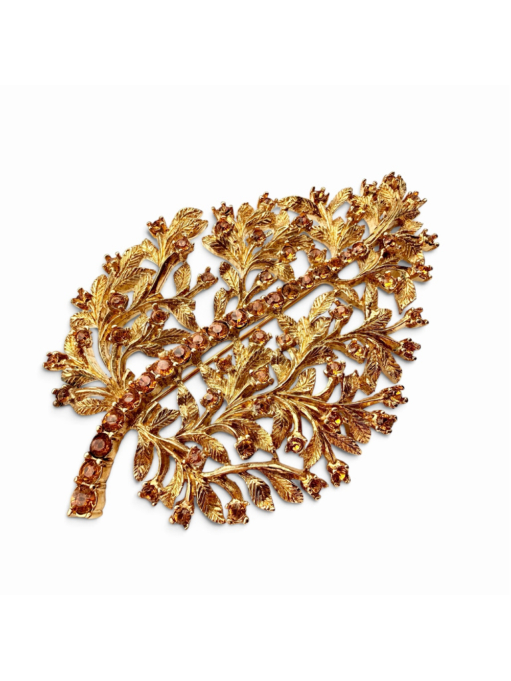 Vintage Coro Thailand Amber Rhinestone Floral Leaf Brooch Gold Tone Statement - Picture 6 of 8